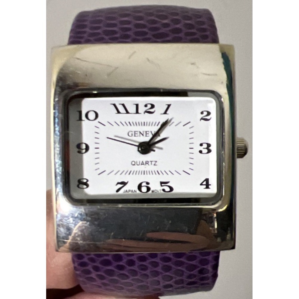 Vtg Women's Bangle Cuff Watch Silver Tone Purple Band Geneva Ladies‎ Fashion